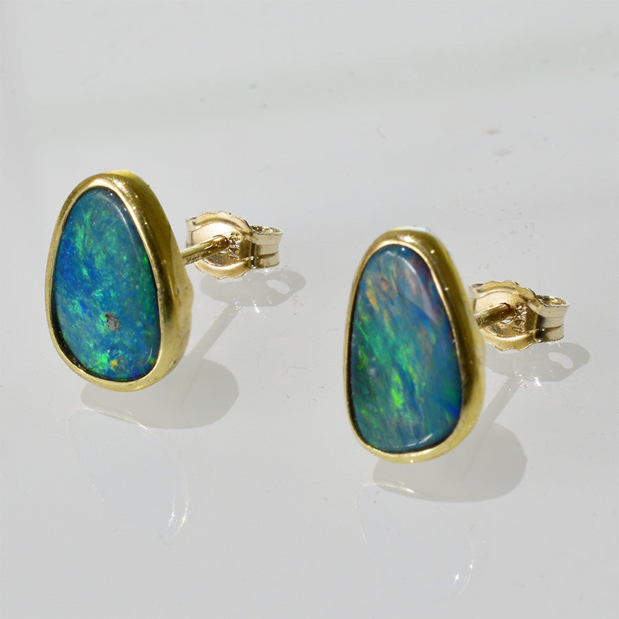 14K Yellow Gold Boulder Doublet Opal Earrings 14KY-OED005