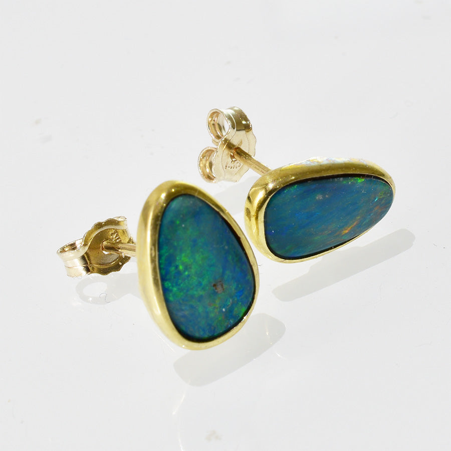 14K Yellow Gold Boulder Doublet Opal Earrings 14KY-OED005