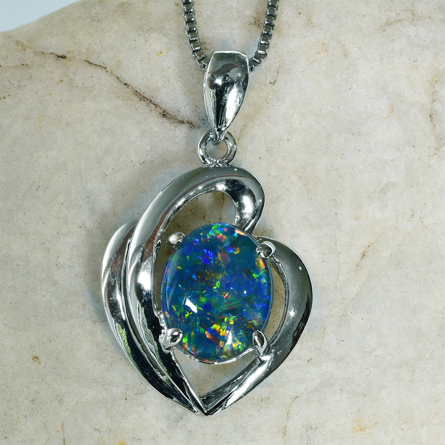 Sterling Silver Triplet Opal Heart Necklace WJOP-016TR (10x8mm opal)