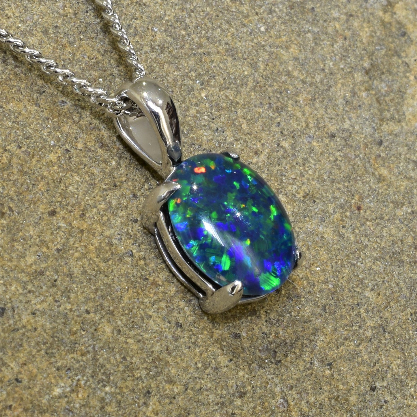 10K White Gold Black Triplet Opal Necklace 10KW2-OPT0155(9x7)