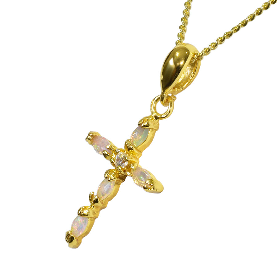 Solid Light Opal Sterling Silver Cross Necklace 18K GP 11P-SG