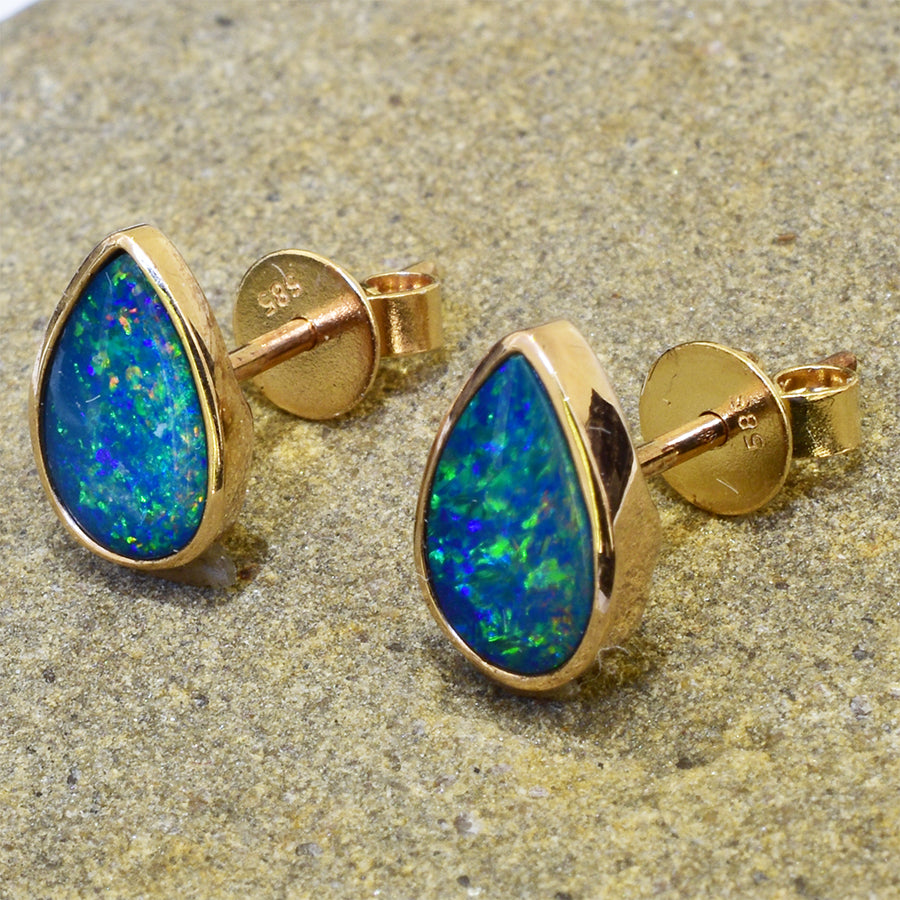 14K Yellow Gold Boulder Doublet Opal Earrings 14KY-OED001(8x5mm Drop)