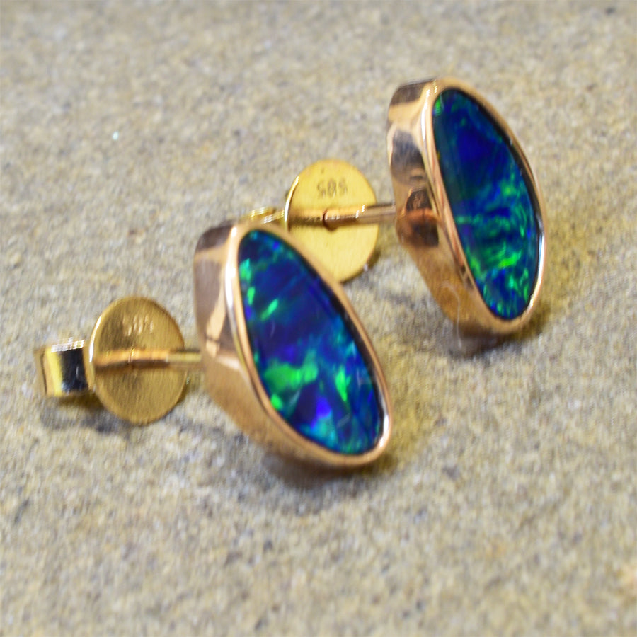 14K Yellow Gold Boulder Doublet Opal Earrings 14KY-OED002(9x4mm Free Form)