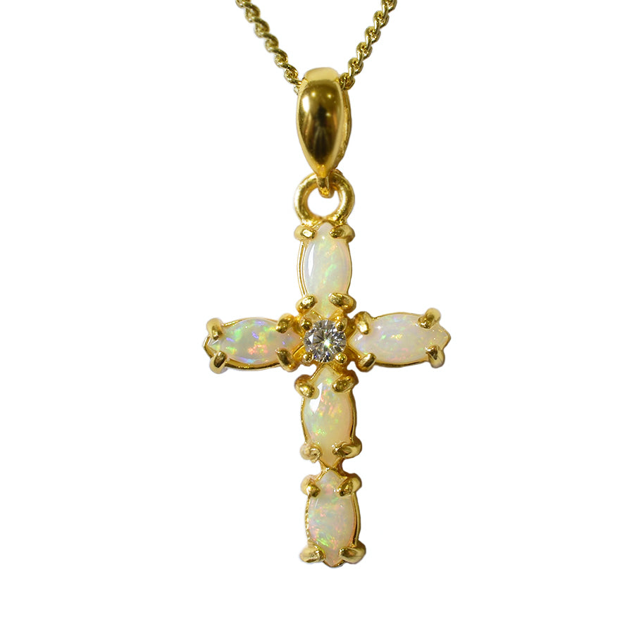 Australian Solid Opal Sterling Silver Cross Necklace 18K GP 47P-SG-6x3