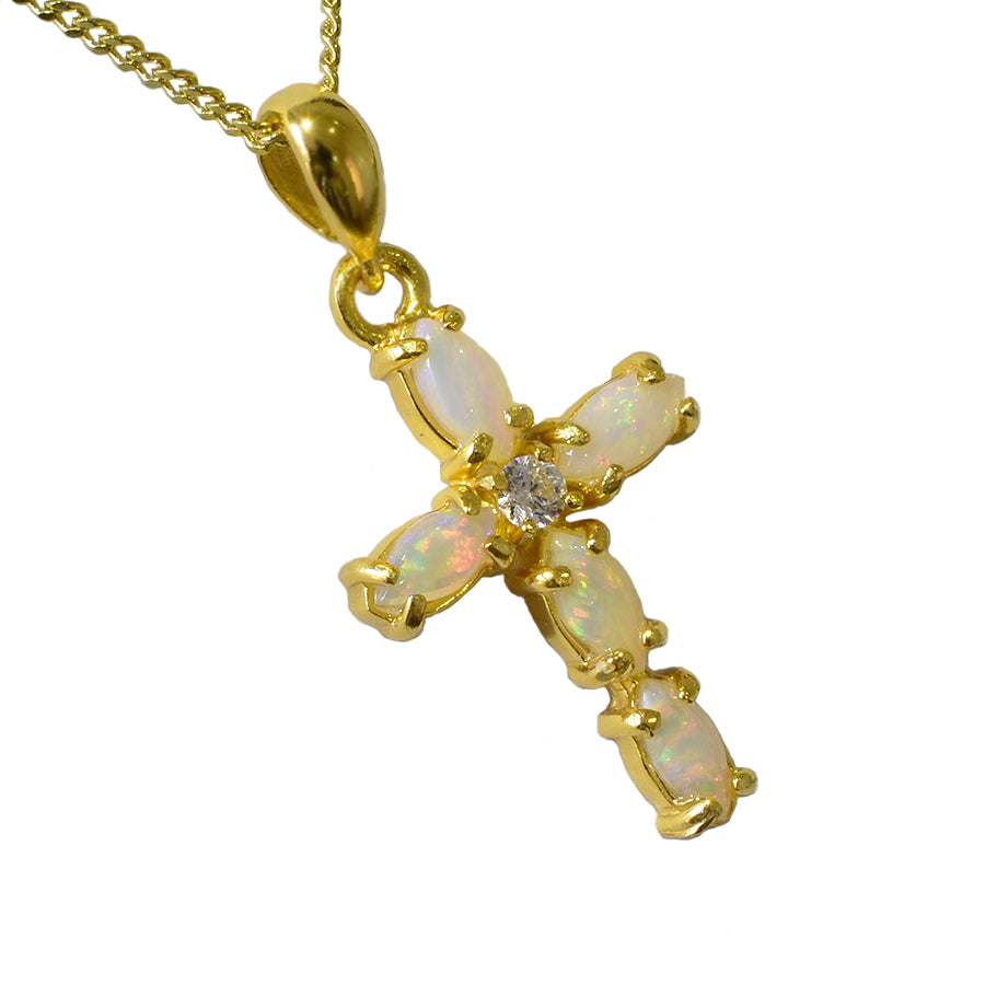 Australian Solid Opal Sterling Silver Cross Necklace 18K GP 47P-SG