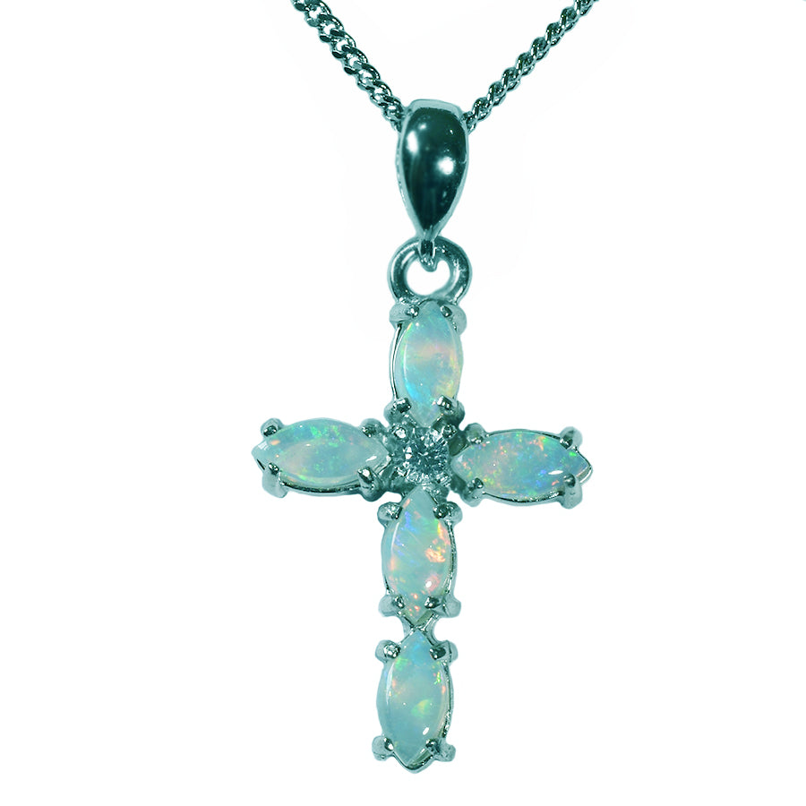 Australian Solid Opal Sterling Silver Cross Necklace 47P-SR