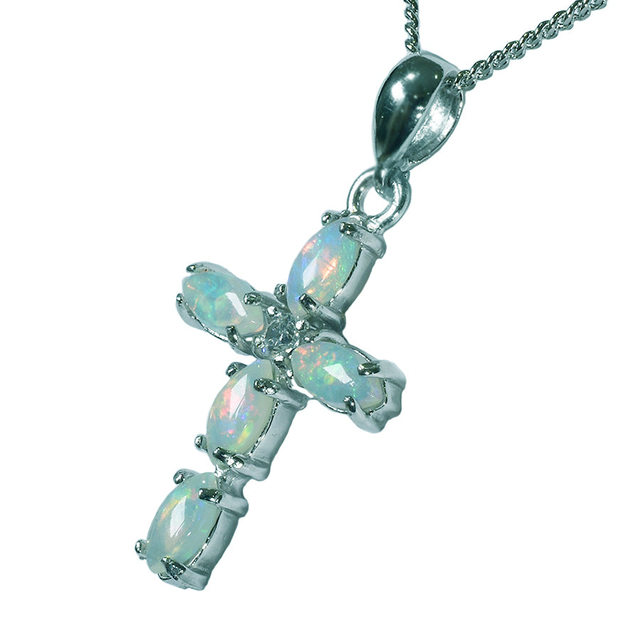 Australian Solid Opal Sterling Silver Cross Necklace 47P-SR-6x3