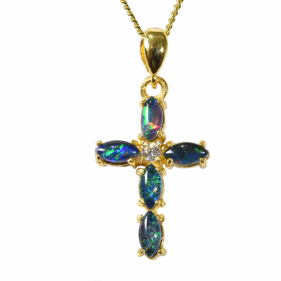 Triplet Opal Sterling Silver Cross Necklace 18K GP 47P-TG6x3