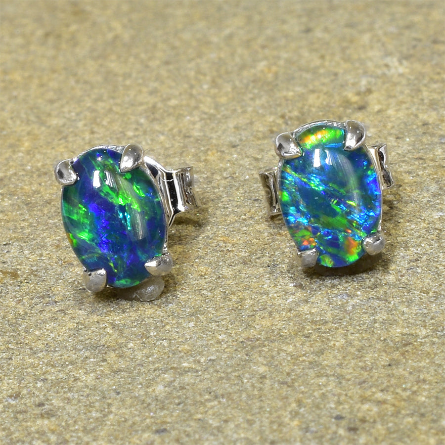 9K White Gold Black Triplet Opal Earrings 9KW-OET003(7x5mm)