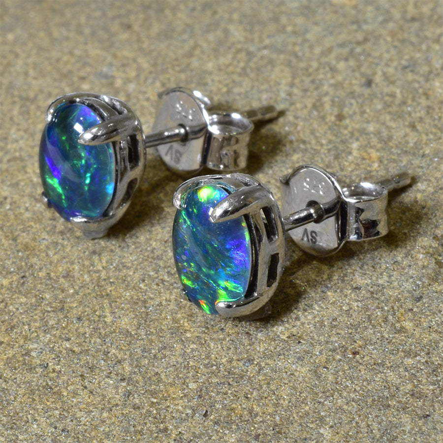 9K White Gold Black Triplet Opal Earrings 9KW-OET003(7x5mm)