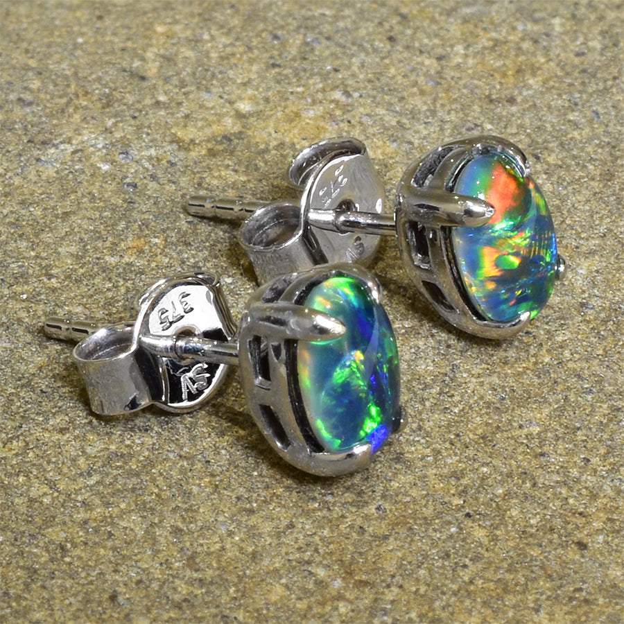 9K White Gold Black Triplet Opal Earrings 9KW-OET003(7x5mm)