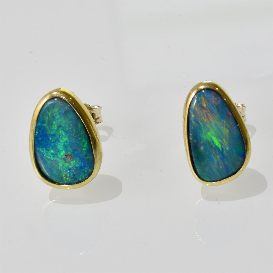 14K Yellow Gold Boulder Doublet Opal Earrings 14KY-OED005