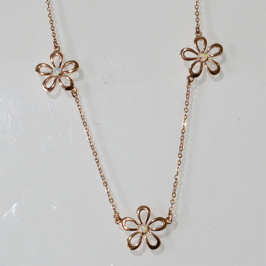 Solid Opal Sterling Silver Flower Necklace Rose Gold Plated SNR5817-OSRG