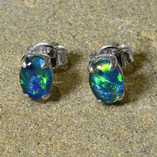 9K White Gold Black Triplet Opal Earrings 9KW-OET003(7x5mm)